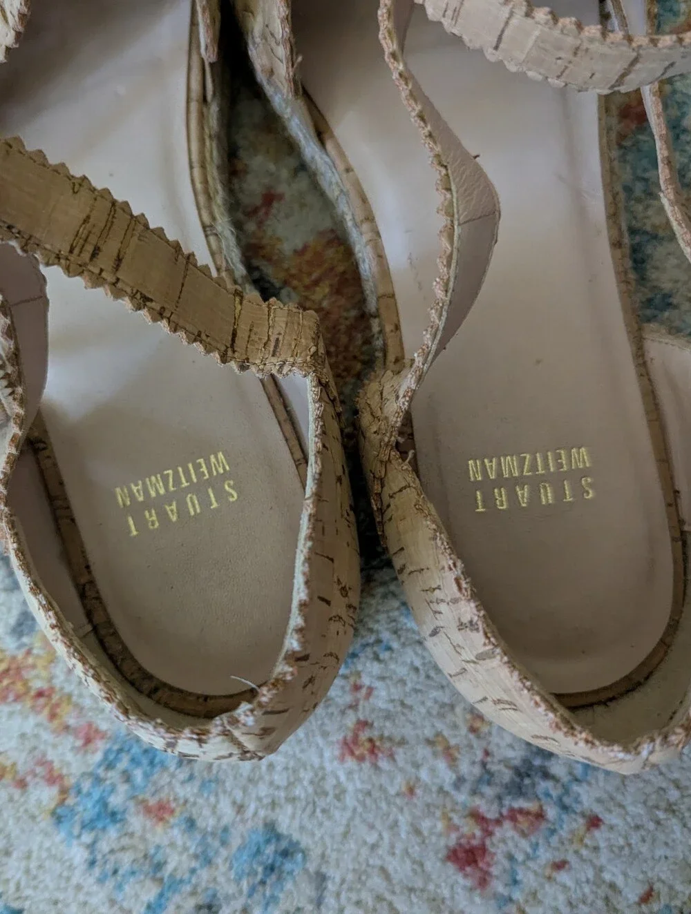 Stuart Weitzman Womens 9.5 M Ozarks Gold Fleck Cork Espadrille Flats Ankle Strap